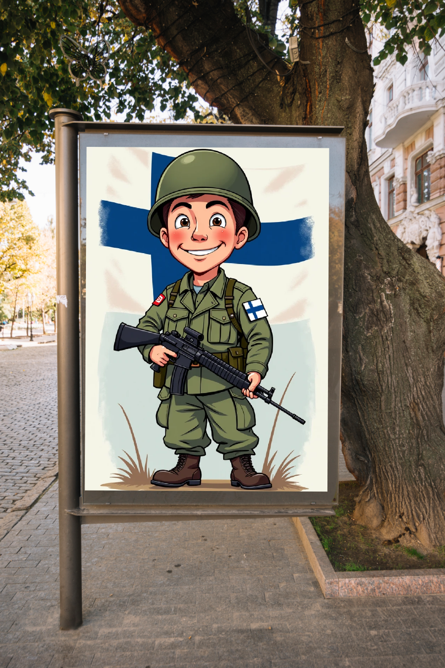 Cartoonish Finnish army soldier