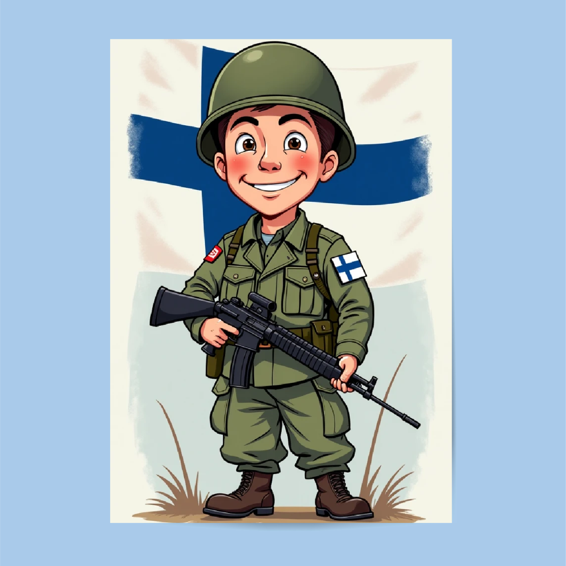 Cartoonish Finnish army soldier