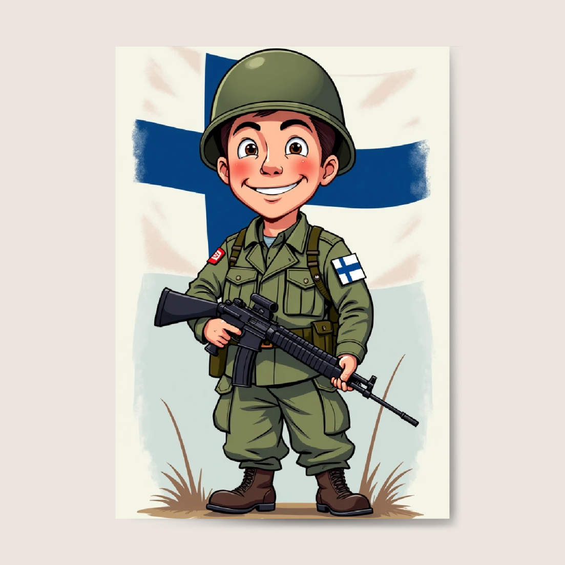 Cartoonish Finnish army soldier
